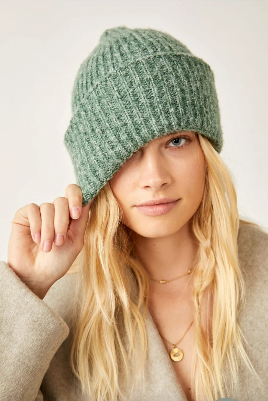 Free People Ribbed Beanie Hat Pine Green